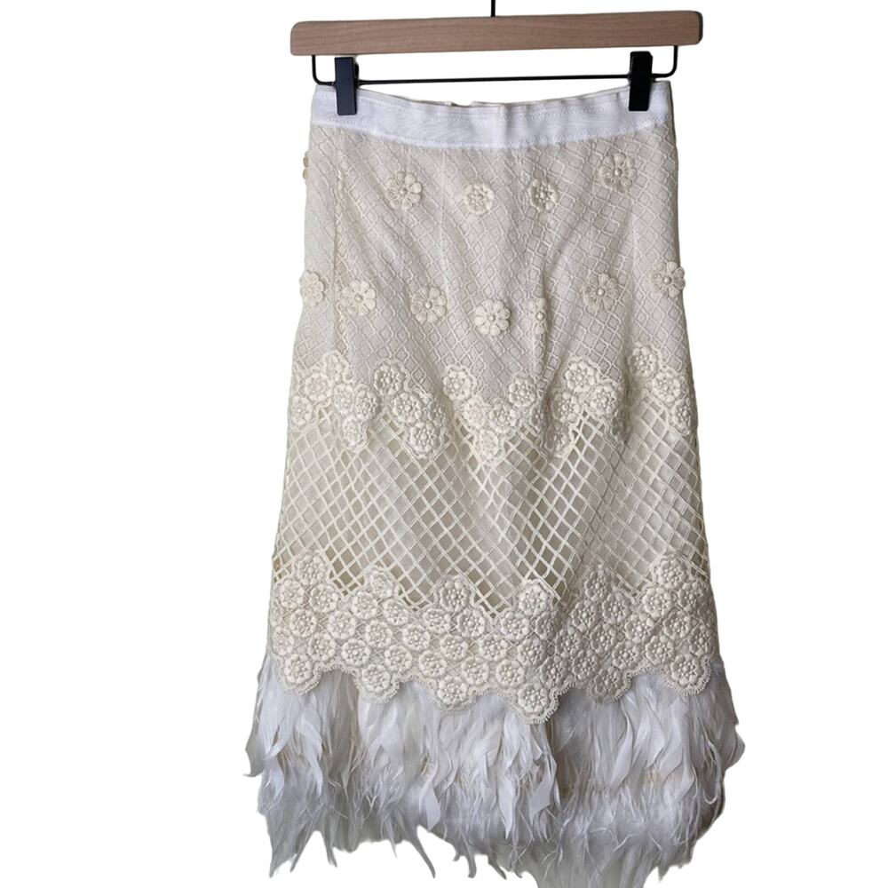 SHIATZH CHEN Lace Feather Floral Applique High Waisted Skirt Italy 40/ US 0